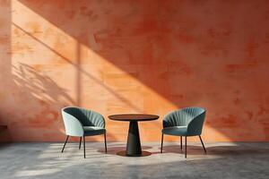 blue nova chairs and black table in living room, peach pastel walls, concrete floor photo