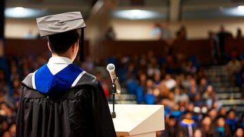 young valedictorian delivers a graduation speech to the graduates in the auditorium photo