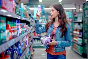un mujer es compras a el supermercado elegir productos a comprar foto