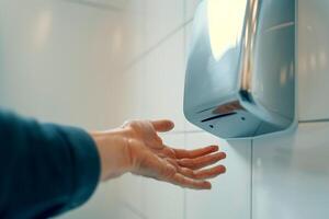 close up perspective depicts someone drying their hands under an hand dryer machine in a restroom photo