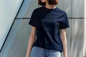 female model wearing a navy blue crewneck blank mockup t-shirt with short sleeves at the art museum photo