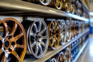 A row of car rims with one of them in mocha color is placed on a shelf and neatly arranged in a row photo