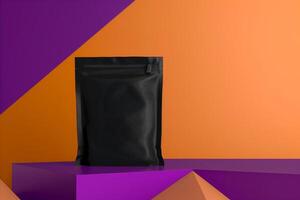 black zipper pouch packaging with platform table background in purple orange theme with copy space area photo