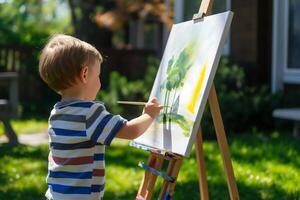 little boy painting on a canvas in backyard photo