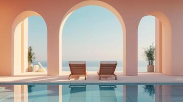 back view two chairs on terrace with pool with arch architecture photo