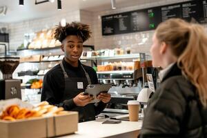 black man in a coffee shop stands behind the cashier counter speaking with a customer holding a tablet photo