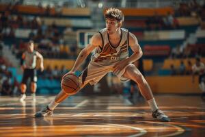 joven masculino baloncesto jugador es jugando baloncesto en el baloncesto Corte foto