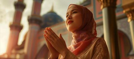 Asian woman stands upright outside a mosque, raising both of her hands in earnest prayer photo