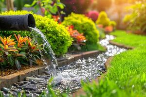 A tranquil garden with green grass and colorful bushes, where water flows gently from an iron pipe photo