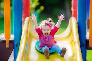 pequeño niña irradia felicidad como ella alegremente obras de teatro en un vistoso diapositiva en el parque foto