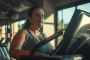 rechoncho mujer vistiendo atlético ropa a un gimnasio utilizando un rueda de andar foto