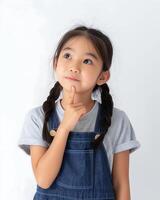 cute Asian girl in stylish blue jumpsuit touching her chin with her hand while raising her index finger up, is contemplating decision-making and the right choice isolated on white background photo