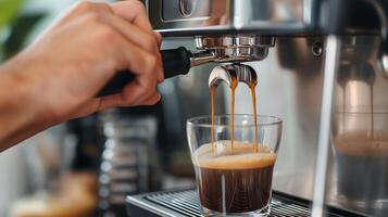 espresso machine pouring espresso coffee in glass photo