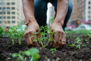 Close up of someone's hands planting seedlings with an urban backdrop photo