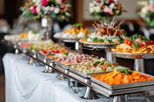 Listo a comer comida a el boda, Boda abastecimiento foto