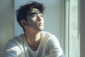 hermoso coreano hombre poses cerca el ventana foto
