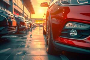 car parked in the parking lot during the evening with a sunset background photo