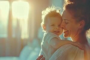 Mother embraces baby tenderly with a cheerful expression on her face, against the blurred background of a bright modern bedroom photo