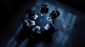 un grupo de empresarios se sienta alrededor un redondo mesa a un negocio convención en el medio de un tenuemente iluminado habitación foto