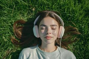 beautiful young woman wearing headphones while closing both of her eyes sleeping on green grass photo