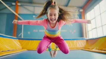 un pequeño niña es saltando en un trampolín foto