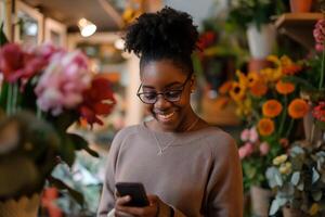 joven negro mujer es en pie en su propio flor comercio, sonriente a su teléfono como ella gestiona el flor Tienda foto