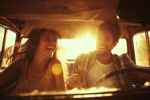 couple is having fun in a classic car photo