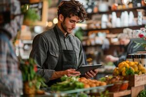 masculino trabajador soportes utilizando un tableta en el Tienda foto