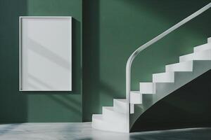 modern staircase interior design in minimalist style with a blank frame portrait photo