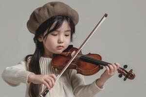 beautiful little girl plays the violin seriously photo