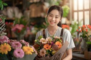 joven mujer sonrisas dentro su flor tienda foto