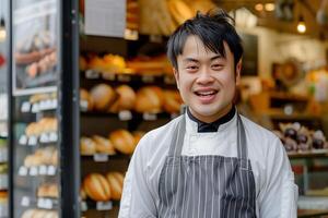 A young man with Down syndrome stands tall in front of his bakery shop's door photo