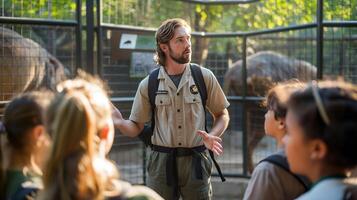 un cuidador del zoológico en su distintivo uniforme es en pie en frente de un recinto a el zoo, Proporcionar educación a un grupo de estudiantes foto