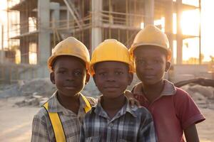 Tres joven Niños vistiendo construcción cascos estar en frente de un edificio ese es todavía debajo construcción foto