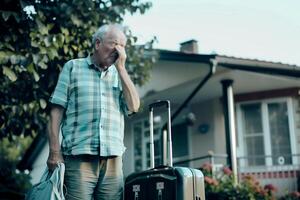 abuelo soportes en frente de su casa con un maleta junto a a él, su cara lleno con tristeza como él toallitas lágrimas desde su brumoso ojos foto