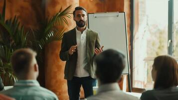 entrepreneur standing in front of a flipchart in a conference room delivering a training session to a group of businessmen photo