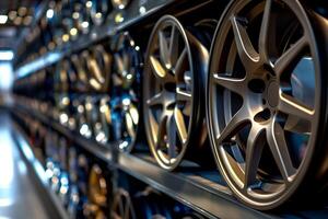 A row of car rims with one of them in mocha color is placed on a shelf and neatly arranged in a row photo
