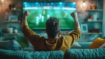 Happy man sits on the sofa with his back facing the TV which is showing a football match photo