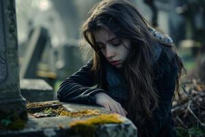 joven mujer se sienta propensión cerca un tumba, su expresión de desesperación destacando un profundo sentido de pérdida foto