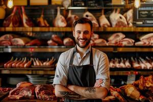 contento Carnicero hombre en pie siguiente a el carne mostrador foto