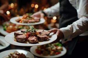 camarero que lleva platos con carne plato en algunos festivo evento foto