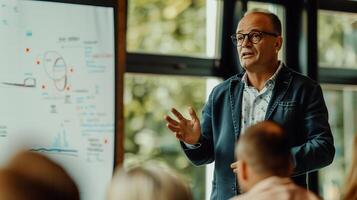 male speaker standing in front of a flipchart in a conference room delivering a training session to a group of businessmen photo