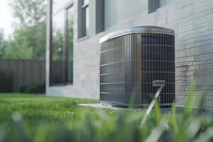 outdoor air conditioning unit is gracefully positioned behind the wall in the backyard of the house photo