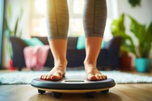 close up photo of a person's bare feet standing on a bathroom scale