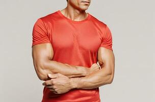 Man Wearing Blank Red T Shirt with white background photo