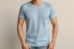 A Man Wearing Soft Blue Blank T Shirt photo