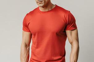 Man Wearing Blank Red T Shirt with white background photo