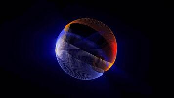 Abstract orange blue sphere made of moving particles and shining lines with a glass effect and glowing background , 4k , 60 fps video