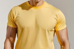 Man Wearing Blank Yellow T Shirt with white background photo