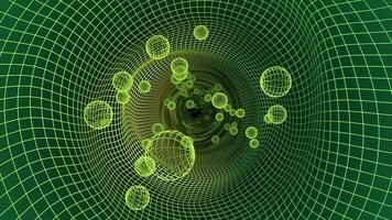 ciclo animação do abstrato verde túnel com brilhando rede e vôo amarelo esferas , 4k , 60fps video